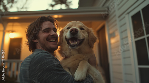 Obraz na płótnie Man hugging a happy golden retriever at sunset in front of a cozy house, radiating joy and companionship, with warm golden light creating a serene atmosphere. w salonie