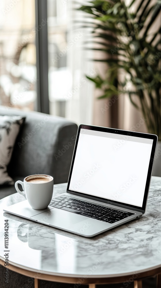Laptop with blank screen and espresso on marble coffee table Laptop with blank screen and espresso on marble coffee table