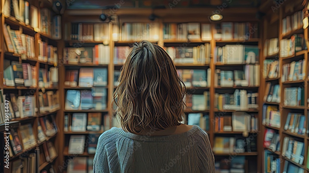 Woman with Brown Hair Facing Away from Bookshelves in a Library Woman with Brown Hair Facing Away from Bookshelves in a Library