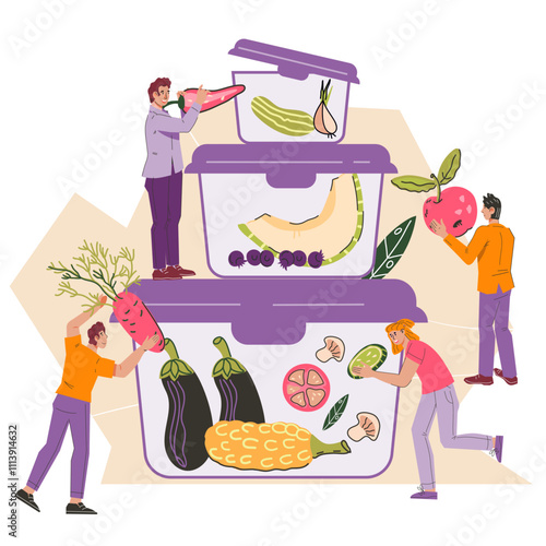 People with huge food containers for refrigeration and keeping food fresh, flat vector illustration isolated on white background. Freezing and storage, utensils for preserving leftovers.