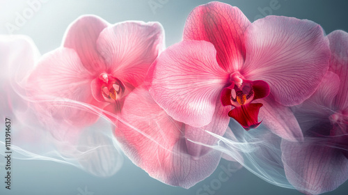 Pink orchids and light grey mist or veil. Abstract floral background in light soft colors