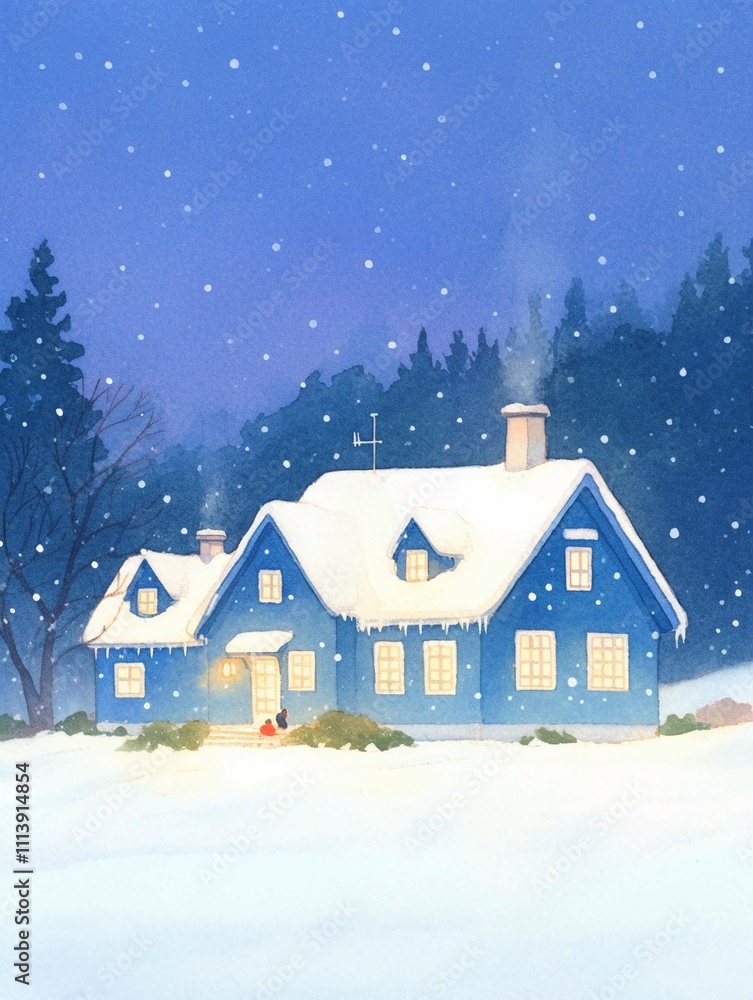 Fototapeta premium Snowy blue cottage in a forest clearing under a starry sky, ideal for Christmas cards, holiday designs, or seasonal prints