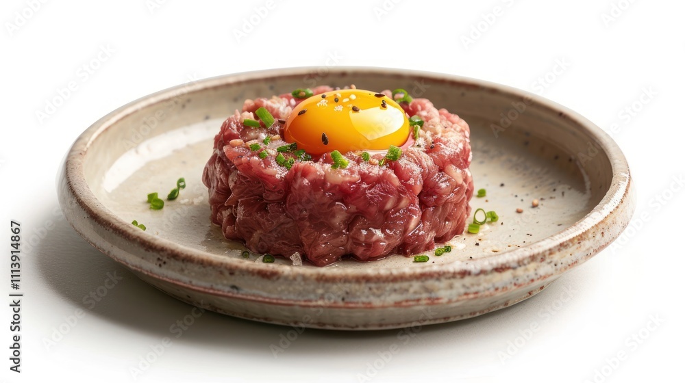 A plate featuring raw ground meat topped with a raw egg yolk and garnished with chives. A plate featuring raw ground meat topped with a raw egg yolk and garnished with chives.