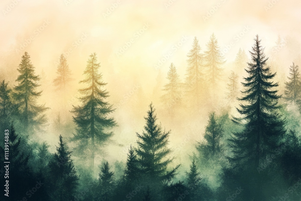 Obraz premium Serene Misty Forest Landscape at Dawn | Tranquil Pine Trees in Fog | Nature Scene for Relaxation and Background Usage