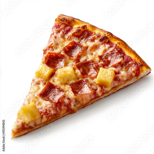 Tasty piece of Hawaiian pizza on a white background