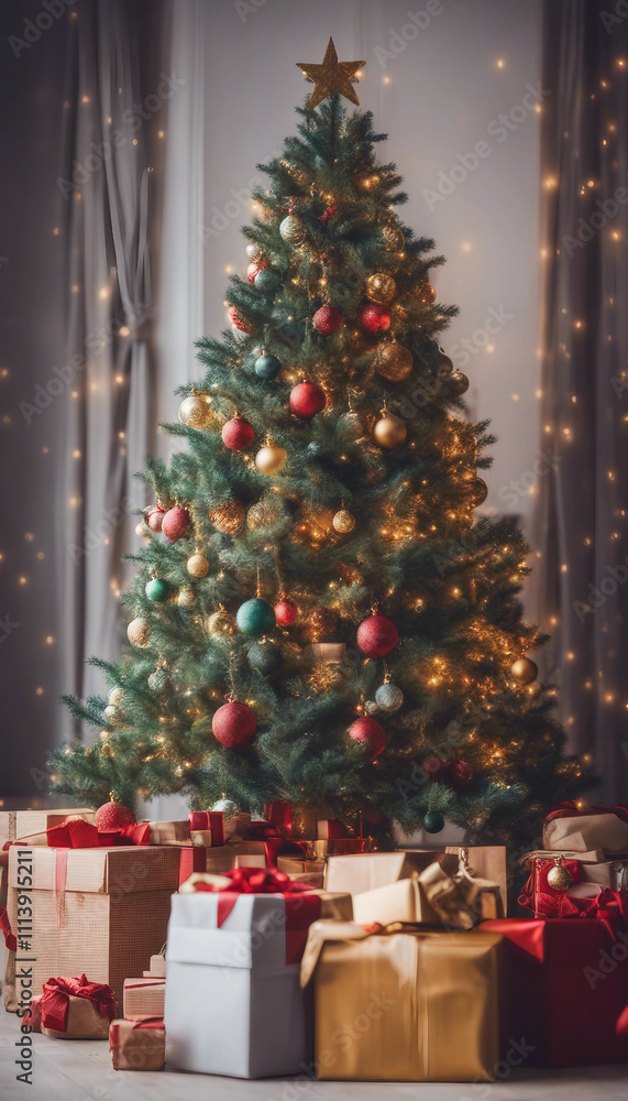 Festive Christmas tree with gifts vertical Festive Christmas tree with gifts vertical