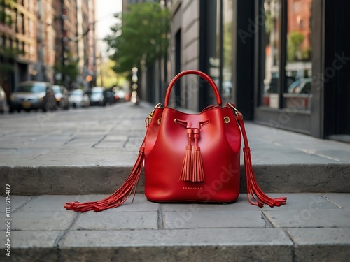 Red Leather Bucket Bag City Street Setting photo