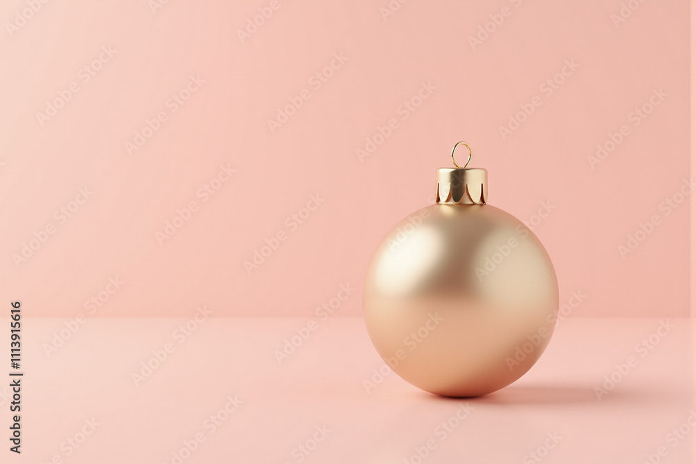 Classic holiday bauble in gold on a clean light pink backdrop Classic holiday bauble in gold on a clean light pink backdrop