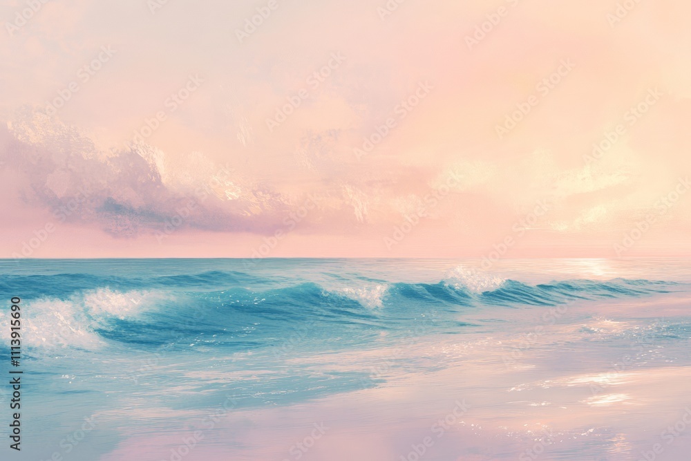 Naklejka premium Serene Ocean Waves at Sunrise: Tranquil Seascape with Pastel Sky and Gentle Surf for Relaxation and Peaceful Home Decor