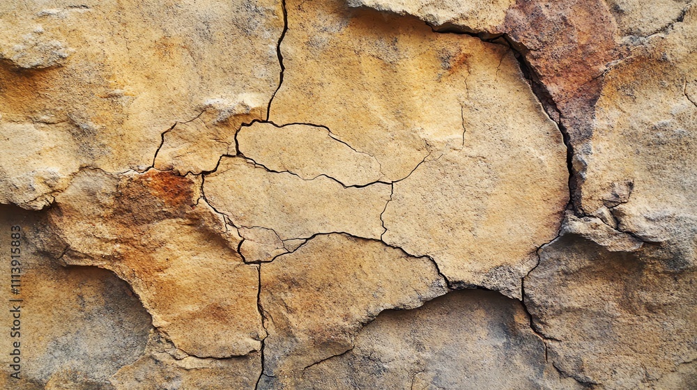 A close-up of cracked, tan-colored rock.