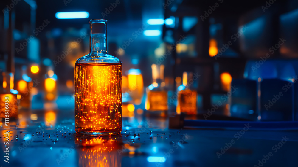 Ethereal laboratory experiment sci-fi setting glass flasks with luminous particles dimly lit environment close-up view concept of alchemy Ethereal laboratory experiment sci-fi setting glass flasks with luminous particles dimly lit environment close-up view concept of alchemy