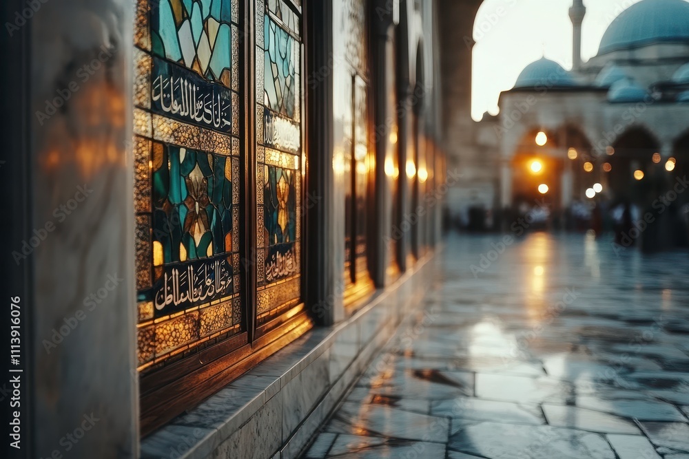 Fototapeta premium Stunning Architectural Detail of Colorful Stained Glass Windows Illuminated by Soft Evening Light in an Historic Mosque with Traditional Patterns and Textures