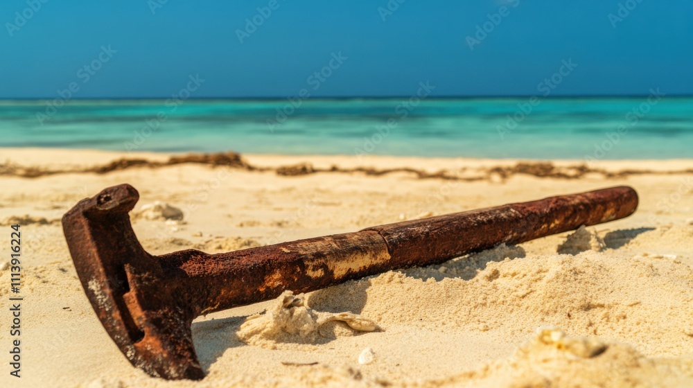 Fototapeta premium Ancient harpoon resting on sandy beach, partially buried with weathered wooden handle and rusted metal tip, evoking historical maritime heritage and archaeological significance.