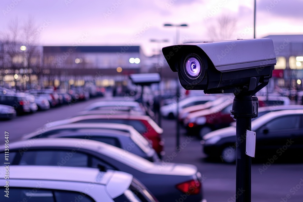 Surveillance Camera Monitoring Vehicles in Outdoor Parking Lot at Dusk with Soft Purple Sky and Cars Parked Neatly in the Background Surveillance Camera Monitoring Vehicles in Outdoor Parking Lot at Dusk with Soft Purple Sky and Cars Parked Neatly in the Background