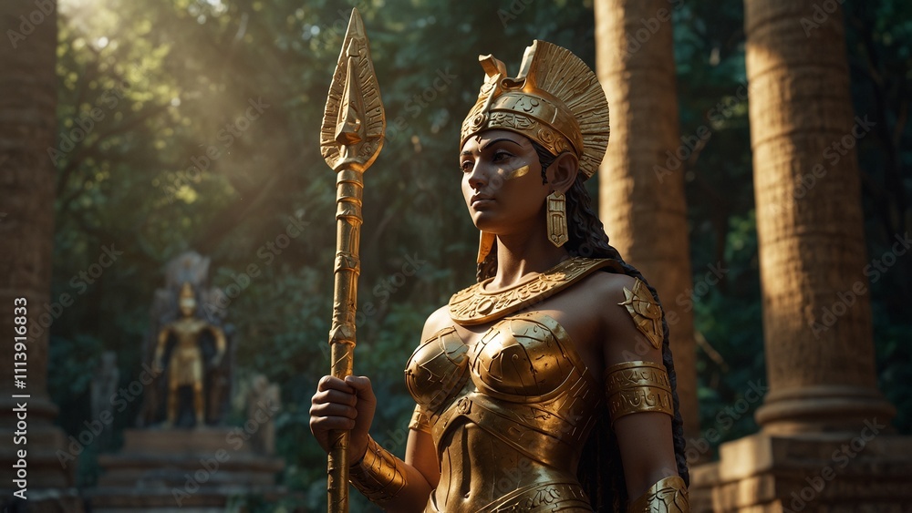 Fototapeta premium Statue of Thebes, the goddess, holding a golden spear, standing in an ancient temple, with a strong light and sacred forest in the background, with courage and strength symbols carved on the base.