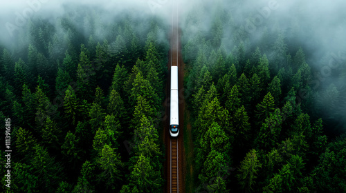 Speeding bullet train through towering emerald trees forest landscape aerial view nature environment for scenic travel inspiration