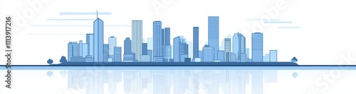 A contemporary cityscape illustration with a single continuous outline, editable stroke buildings, and seamless construction.