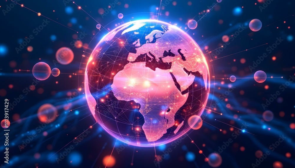 High speed data transfer and cyber technology, information exchange and international telecommunication. Concept of global network and connectivity on Earth via modern technology High speed data transfer and cyber technology, information exchange and international telecommunication. Concept of global network and connectivity on Earth via modern technology