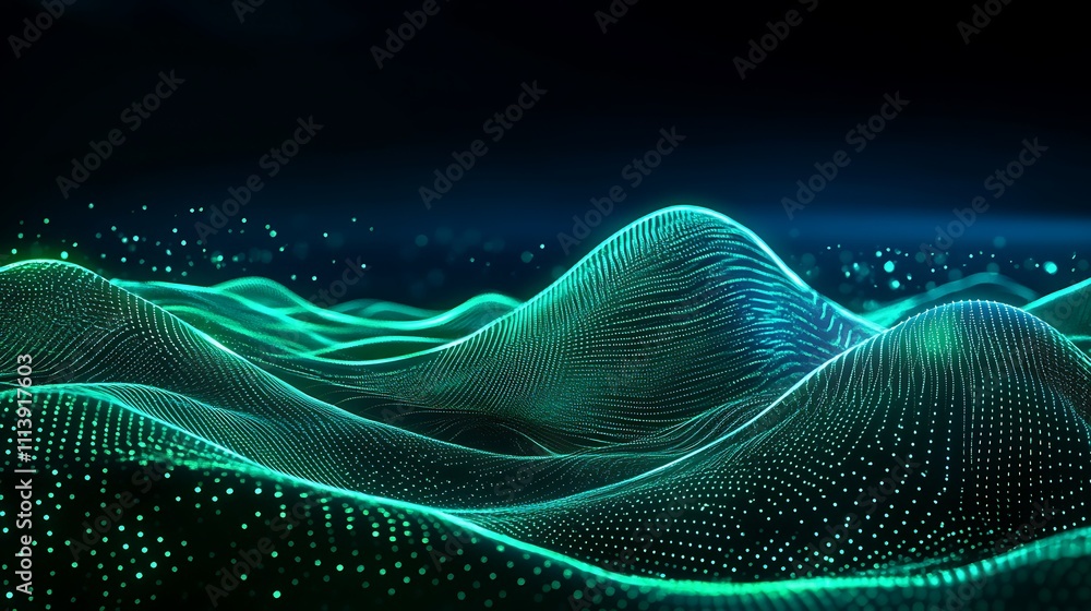 Digital Wave Patterns with Neon Green Lines and Points on a Dark Background for Abstract Technology Concepts Digital Wave Patterns with Neon Green Lines and Points on a Dark Background for Abstract Technology Concepts