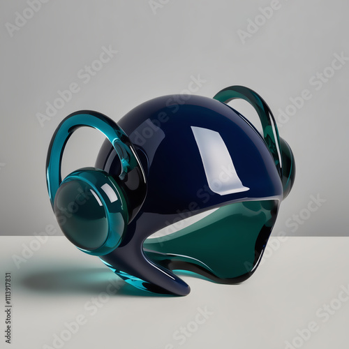 Glass sculpture of Water Polo swim cap with ear protection, navy blue to green gradient, smooth glossy finish, showcasing sleek design and craftsmanship, generative ai photo