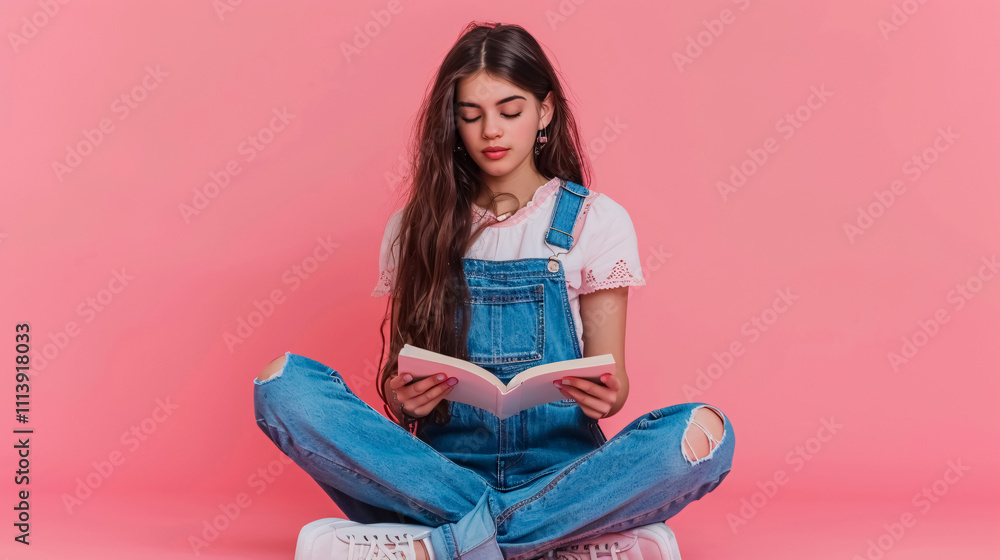 Girl in Denim Overalls: A pretty long-haired girl in denim overalls sits cross-legged on a blue studio background, looking at the camera with a clear view. Girl in Denim Overalls: A pretty long-haired girl in denim overalls sits cross-legged on a blue studio background, looking at the camera with a clear view.