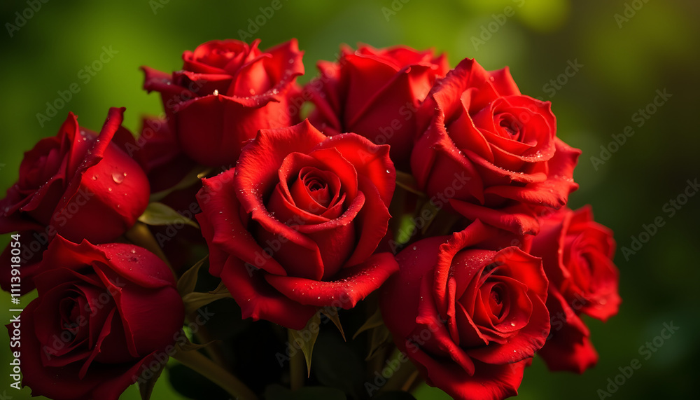 Bouquet of red roses with water droplets representing love on blurred green background Bouquet of red roses with water droplets representing love on blurred green background
