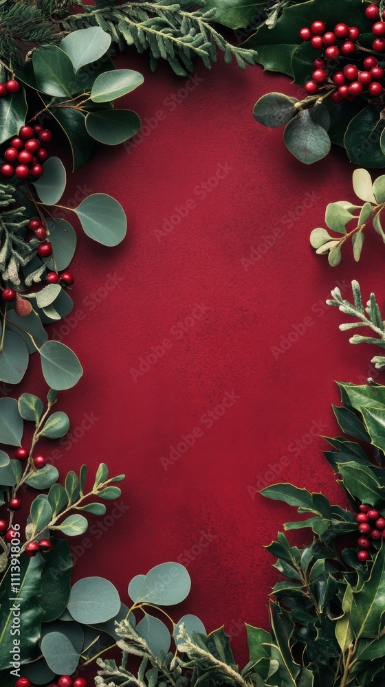 Natureinspired christmas frame with eucalyptus and holly berries Natureinspired christmas frame with eucalyptus and holly berries