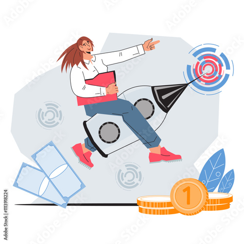 A successful businesswoman and entrepreneur achieving success in her career and goals by realizing potential. Motivation for entrepreneurship and startup, career growth, vector illustration isolated.