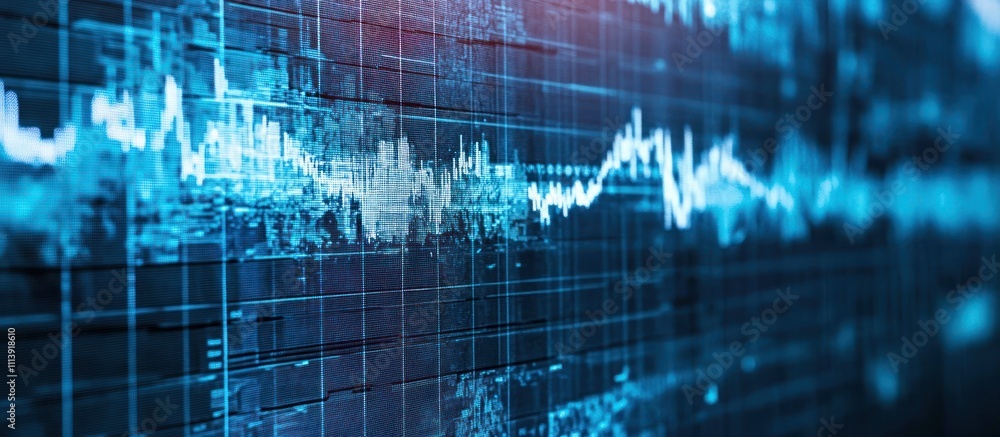 Fototapeta premium Abstract digital representation of sound waves and data patterns.