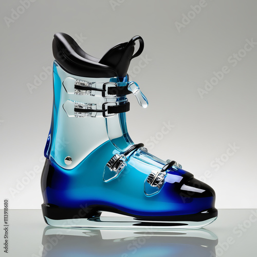 Glass sculpture of ski boots with black-to-icy blue gradient, showcasing elegant craftsmanship and modern design, generative ai photo