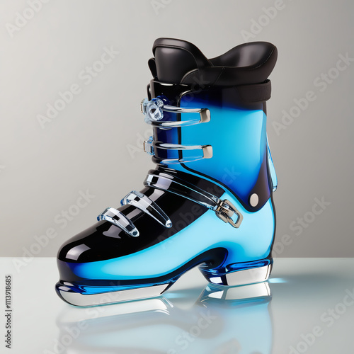 Glass sculpture of ski boots with black-to-icy blue gradient, showcasing elegant craftsmanship and modern design, generative ai photo