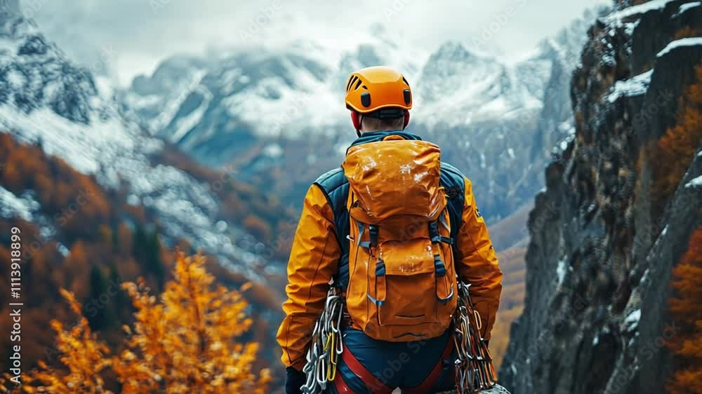 Hiker in orange jacket exploring snow-capped mountains with a backpack. Hiker in orange jacket exploring snow-capped mountains with a backpack.