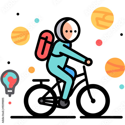 astronaut riding a bicycle through a minimalist planetary landscape