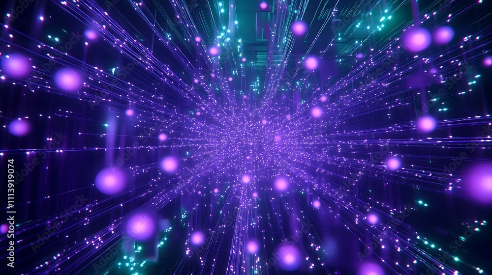 Dynamic Purple and Blue Light Rays with Particle Effects in a Futuristic Digital Space Environment Dynamic Purple and Blue Light Rays with Particle Effects in a Futuristic Digital Space Environment