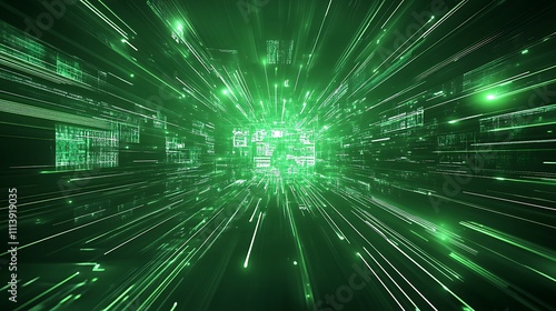 Wallpaper Mural Dynamic Green Light Rays Through Data Stream in Futuristic Digital Environment Torontodigital.ca