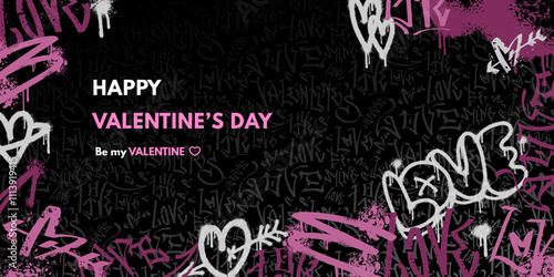 Happy valentines day graffiti background, banner in street art style. Grunge hand drawn wall art, spray paint hearts, love symbols. Colorful urban template for web, social media, print.