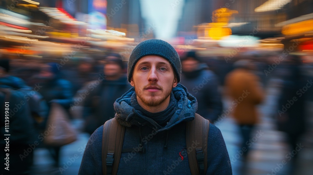 Young Man in Urban Crowd Young Man in Urban Crowd