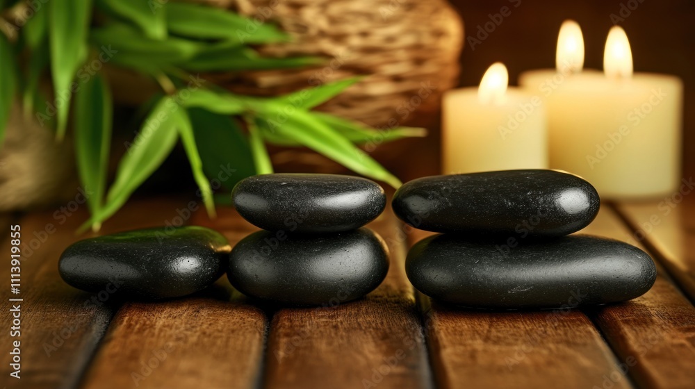Fototapeta premium Black Stones Arranged With Bamboo And Candles