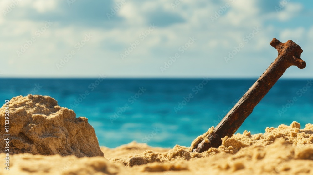 Ancient harpoon resting on sandy beach, partially buried with weathered wooden handle and rusted metal tip, evoking historical maritime heritage and archaeological significance. Ancient harpoon resting on sandy beach, partially buried with weathered wooden handle and rusted metal tip, evoking historical maritime heritage and archaeological significance.