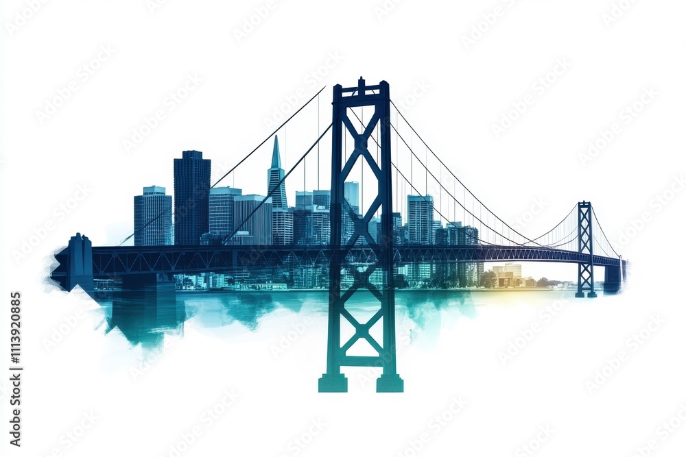 Fototapeta premium Artistic Representation of an Iconic Bridge with a Modern City Skyline Showcase, Evoking a Serene and Urban Atmosphere, Perfect for Travel and Cityscapes Themes