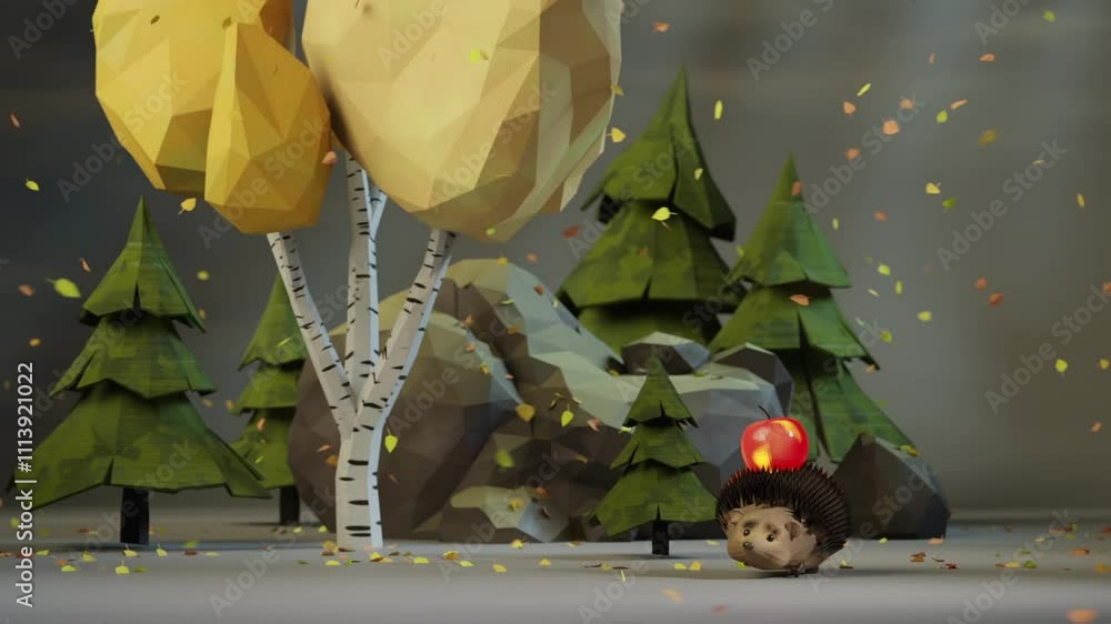 A little hedgehog is running through an autumn forest. The hedgehog is carrying an apple on his back. Low poly modelling, computer 3D animation