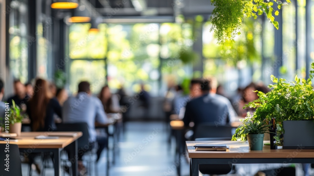 Modern open space office with bokeh people and plants Modern open space office with bokeh people and plants