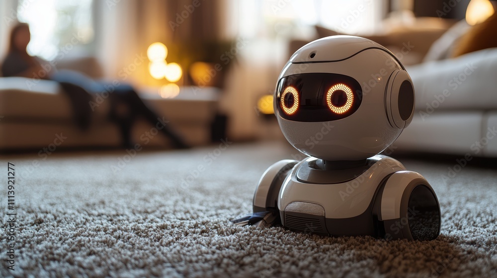 Fototapeta premium Humanoid ai robot vacuuming a modern living room