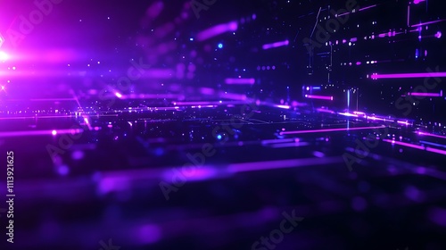 Futuristic Abstract Background with Vibrant Purple and Blue Lights in a Digital Landscape of Lines and Patterns