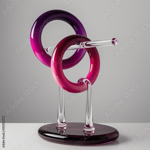 Glass sculpture of gymnastics parallel rings with purple to pink gradient, smooth glossy finish, modern artistic design, showcasing craftsmanship and precision, generative ai photo