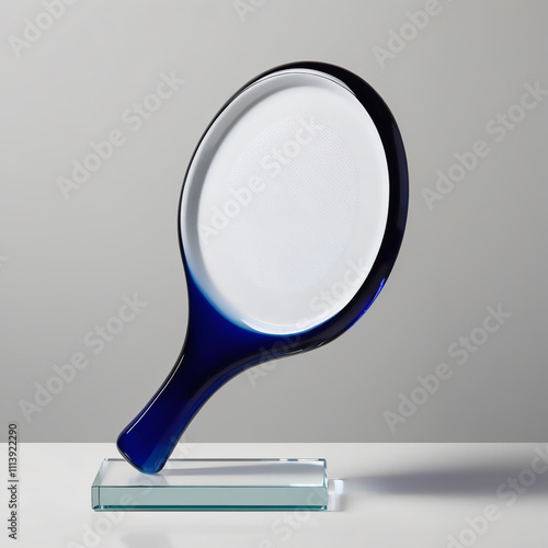 Glass sculpture of Paddle Tennis Paddle with blue to clear gradient, smooth glossy finish, showcasing modern design and craftsmanship, generative ai photo