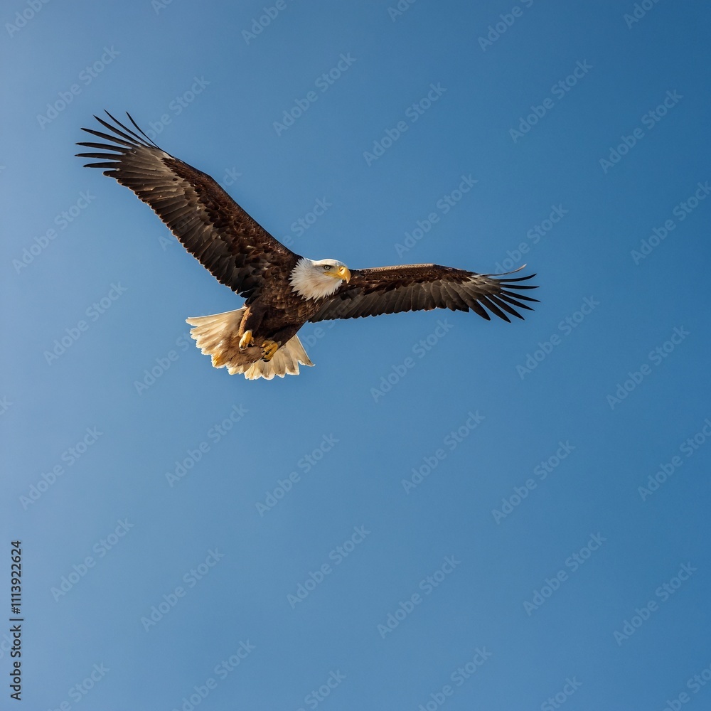A majestic eagle soaring high in a clear blue sky.
A majestic eagle soaring high in a clear blue sky.