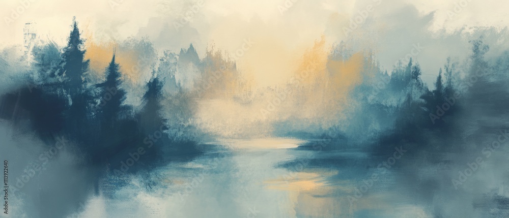 Fototapeta premium Tranquil Misty Landscape at Sunrise: Serene Lake Surrounded by Pine Forest and Soft Watercolor Hues, Perfect for Nature and Relaxation Themes