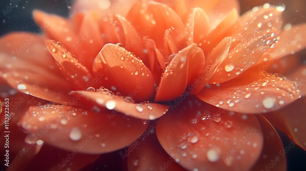 Dewdrops Adorn Coral Dahlia Petals Close Up Dewdrops Adorn Coral Dahlia Petals Close Up