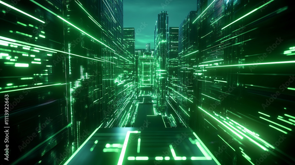 Futuristic Abstract Digital Cityscape with Neon Green Lights and Data Streams in Cyberpunk Style Futuristic Abstract Digital Cityscape with Neon Green Lights and Data Streams in Cyberpunk Style